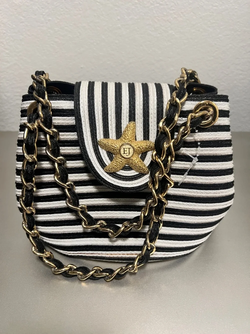 Vintage Eric Javits Squishee Star Fish Striped Black & White with Gold Star